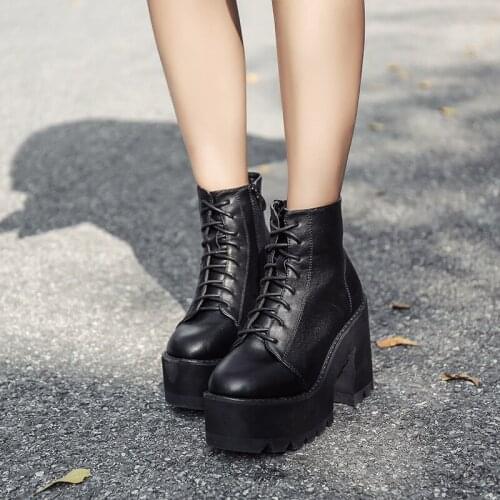 Lace up winter boots with fur women punk boots fall shoes woman high heels ladies motorcycle women ankle boots LJA405-1