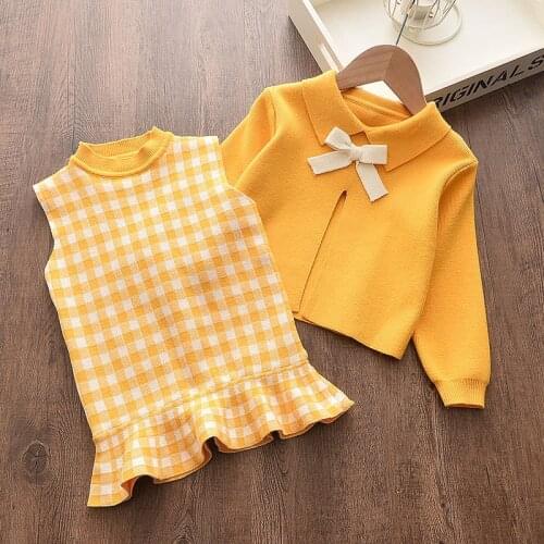 2020 Baby Girl Clothing Set Cute Bow Sweaters+Plaid Dress Girls Elegant Clothes Sets Children Party Christmas Birthday Wear