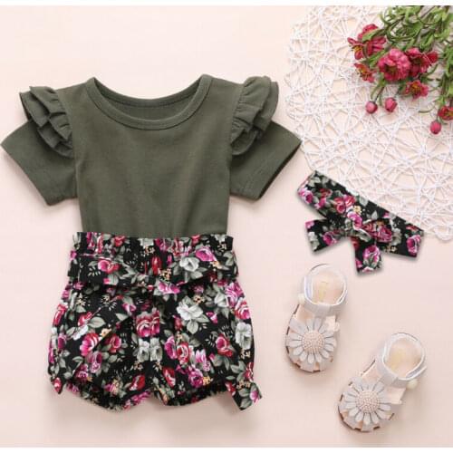 2020 Summer Girls Clothes Set Infant Baby Girl Kids Cotton Bodysuit Tops Flower Pants Headband Clothing Sets