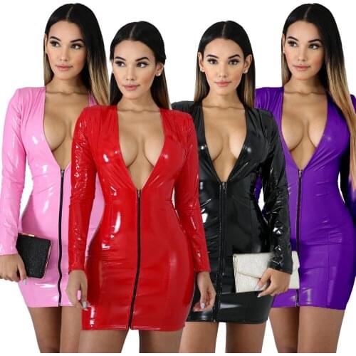 2021 new Women PU Leather Dresses Long Sleeve Zippers High Elasticity Sheath Clothing Deep V Neck Short Outdoor Wear