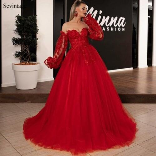 Sevintage 2020 Ball Gown Red Lace Appliques Prom Dresses Long Sleeve Corset Evening Gowns Sweetheart Formal Party Dress 2020