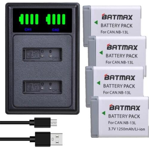 Batmax NB-13L NB13L 1250mAh Battery+LED Dual Charger with Type C Port for Canon G7 X Mark II G7X PM165 G5 X G5X G9 X G9X SX620
