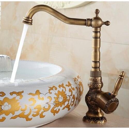 Free Shipping Antique Brass Bathroom Faucet Single Hole Brass Basin Sink Carving Mixer Tap with Flower Decoration