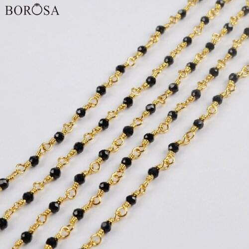 BOROSA 3Meters 2mm Natural Black Spinel Beads Faceted Brass Chains Natural Stone Black Beads Chains JT251