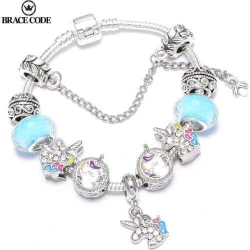 BRACE CODE Original Coloured Unicorn Fine Bracelet With Clear Murano Glass Beads Charm Bracelet Bangle for Women DIY Jewelry