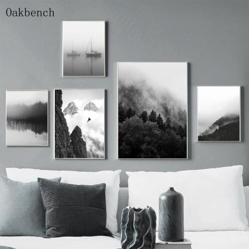 Black And White Poster Landscape Wall Art Canvas Painting Mountain Lake Posters Fog Forest Boat Print Modern Picture Home Decor