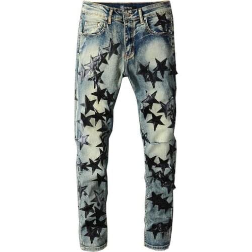 KIOVNO Men High Street Holes Jeans Pants Leather Star Patchwork Streetwear Denim Trousers For Male Slim Fit
