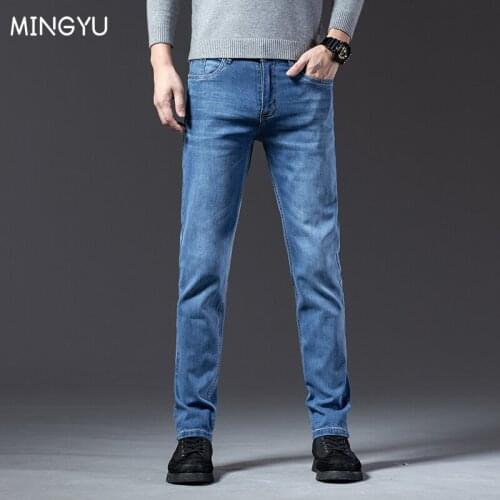 Spring Autumn Mens Jeans Cotton Slim Fit Elastic Brand Business Pants Blue Classic Style Denim Male Trousers Plus Size 28-40