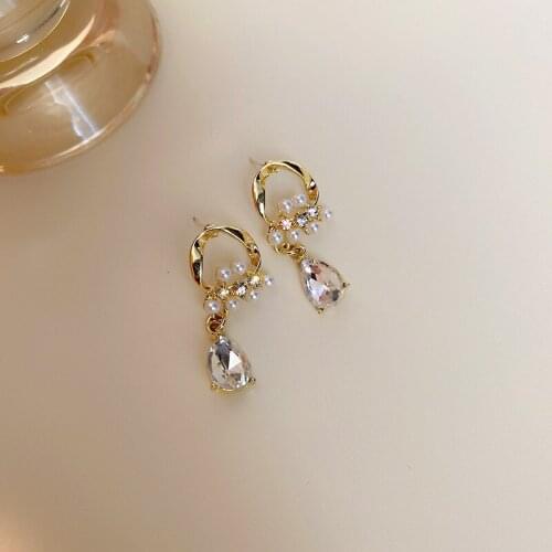 Elegant French Style Crystal Water Drop Earrings for Women Girls Simple Geometric Pearls Korean Fashion Party Jewelry
