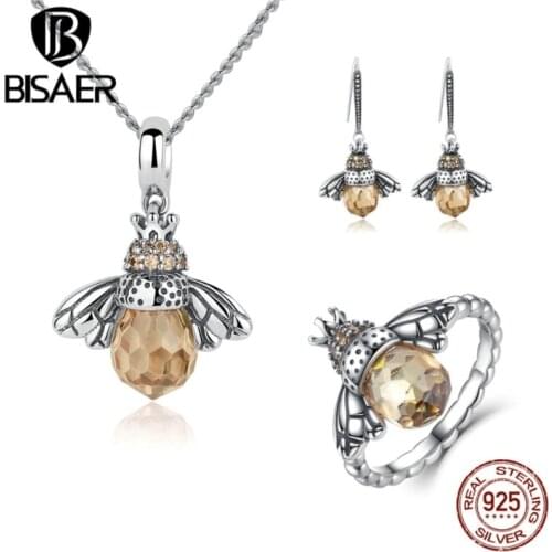 BISAER 925 Sterling Silver Cute Orange Bee Animal Pendants Necklaces & Stud Earrings & Ring Fashion Zircon Dubai Jewelry Sets