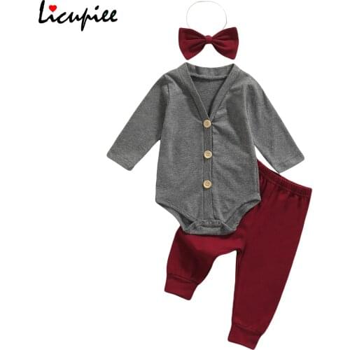 0-24 Months Full Sleeve Baby Boys Three-piece Clothes Set, Solid Color V-neck Romper, Pants and Bow Tie Red/ Wine Red