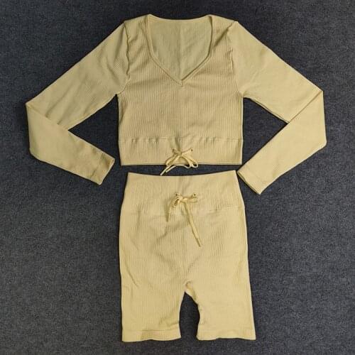 2 Pcs Yoga Suits Seamless Sexy Sport Suits Solid Color Slim Fitness Suits Mermaid Curve Long Sleeve Waist Tie Leggings Yoga Sets