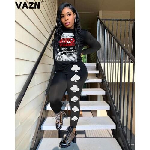 VAZN 2020 Autumn Hot List Black Plus Size Young Tracksuits Full Sleeve Top Long Pants Tracksuits Slim Women 2 Pieces Set