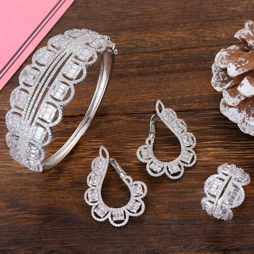 LARRAURI 3pcs Luxury Bracelet/Earrings/Rings Sets For Women Wedding Cubic Zircon Crystal Engagement DUBAI Bridal Jewelry Sets