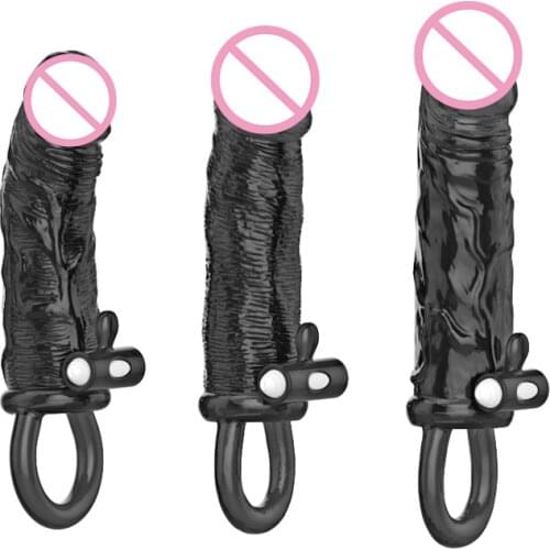 Soft TPE Black Penis Enlargement Condoms Vibrators for Man Time Delay Extension with Ring Reusable Condom Licking Sex Toys R4