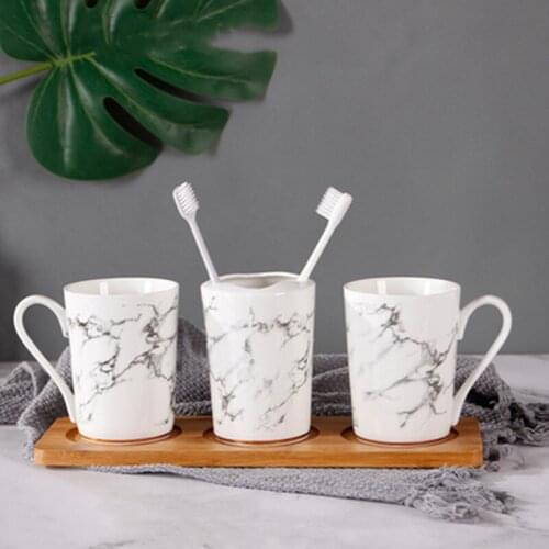 4pcs Ceramic Bathroom Set Wood Bamboo Tray Toothbrush Holder Kit Imitation Marble Bath Accessories Set Wedding Set Gift