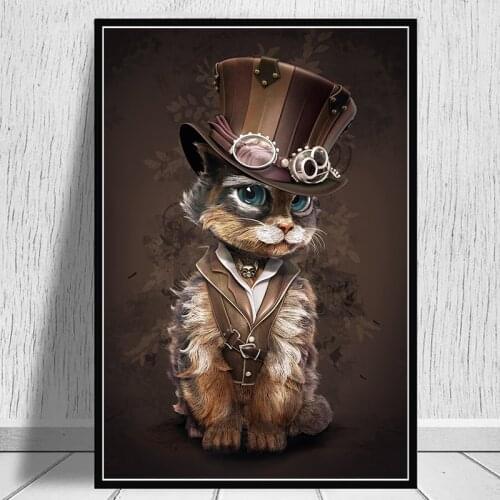 Animals Fun Art Steampunk Cat Canvas Painting Art Posters and Prints Wall Art Pictures for Living Room Home Decor No Frame