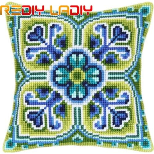 Cross Stitch Cushion Cover Blue Green Rosette Sofa Pillows Chunky Cross-Stitch Kits 100% Acrylic Yarn Pillow Case Hobby & Crafts