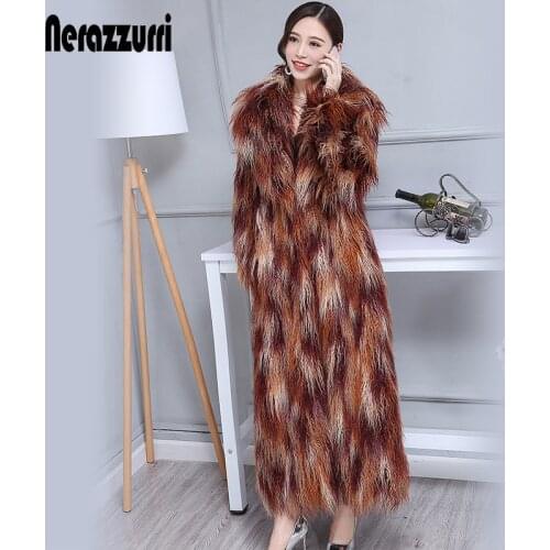 Nerazzurri Winter thick warm maxi faux fur coat women Extra long colorful shaggy hairy mongolian sheep fur Overcoat for women