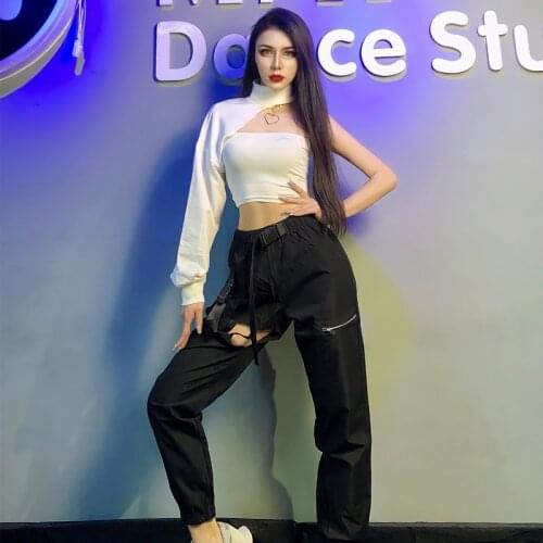 New Pole Dancing Clothes Nightclub Female Hip Hop Jazz Dance Clothing Girl Dance Group Overalls One Sleeve White Tops DQL5700