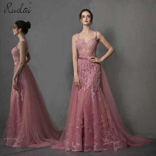 2019 Newest Appliques Evening Dress Pink Spaghetti Strap Mermaid Dresses for Women Detachable Train Prom Gown for Party