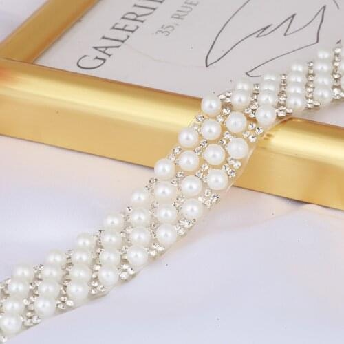 New Arrival 1.8x55cm Hotfix Glass Rhinestone Lace Trim Sticker Pearl With Rhinestone Lace Mesh For Dress Craft Decoration