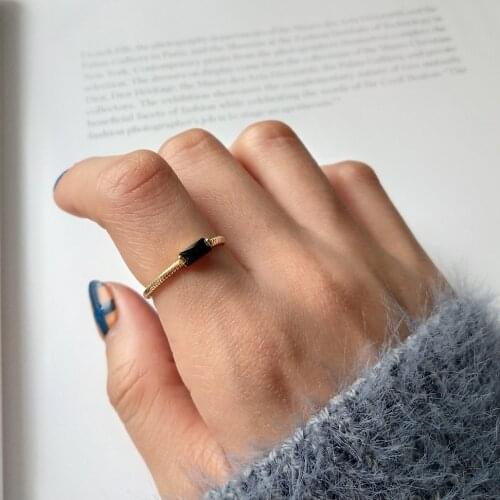 925 Sterling Silver 18K Gold Bezel Square Diamond Black Zircon Opening Unique Engagement Ring Promise Twist Rope Stackable Ring