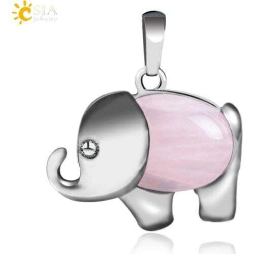 CSJA Energy Cute Elephant Pendants for Child Jewelry Chakra Natural Gem Stone Tiger Eye Pink Quartz Lapis Lazuli Aventurine E928