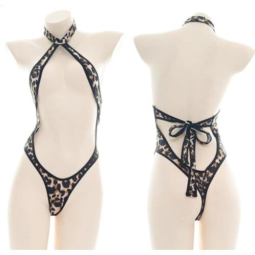 Sexy Leopard Printing Open Chest High Split Sukumizu Japanese Lolita Halter One Pieces Bikini Pajamas Hollow Lace Up Underwear