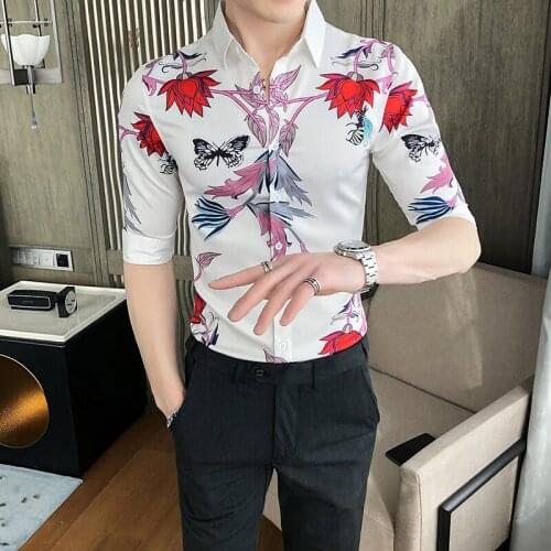 Autumn New Fashion Men Fashion Luxury Brand Social Business Shirt Men Slim Fit Half Sleeve Floral Shirts Men Dress Print Blouse