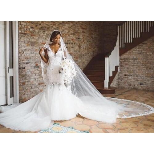 Sexy Deep V Neckline Cap Sleeves Appliques African Wedding Dresses Sweep Train Mermaid Bridal Dresses