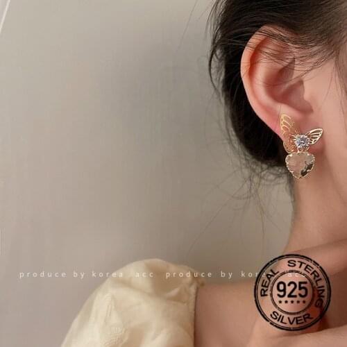 Butterfly Heart Drop Earrings For Women 925 Silver Needle Zircon Rhinestone Animal Charm Ear Hoop Delicate Female Party Jewelry
