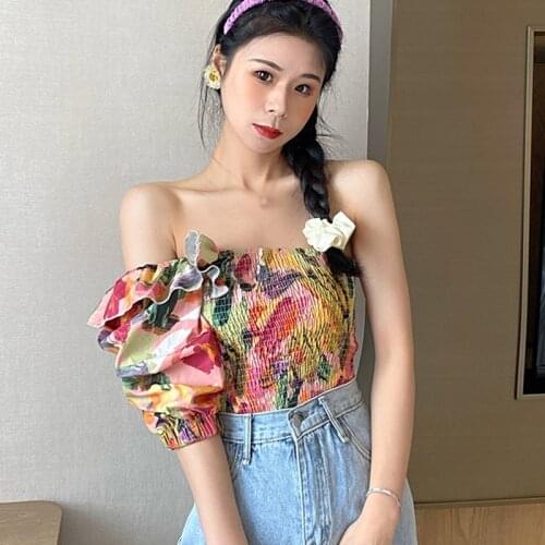 Korean Floral Printed Ruffled Blouses Irregular Sexy Sweet Slim Chiffon Shirts Summer Women Clothing