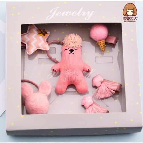 Korean Style Fabric Five-Pointed Star Flower Bow Tie Jellyfish Cloud Childrens Hair Clip Hairpin Set Gift Box