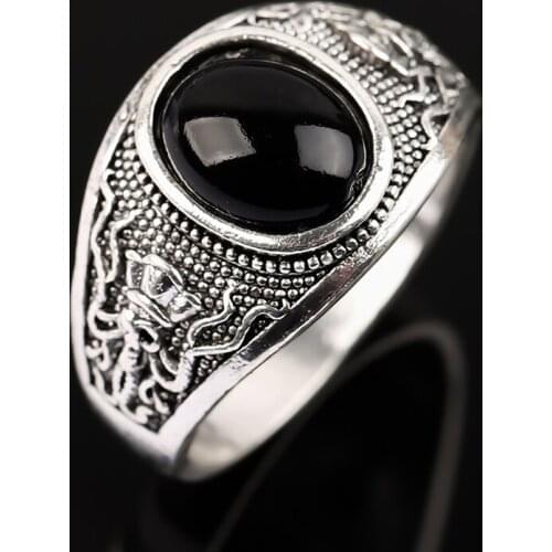 Vintage Oval Black Stone Rings for Men Punk Carved Skull Octopus Chunky Finger Ring Silver Color Viking Jewelry Reteo Gift