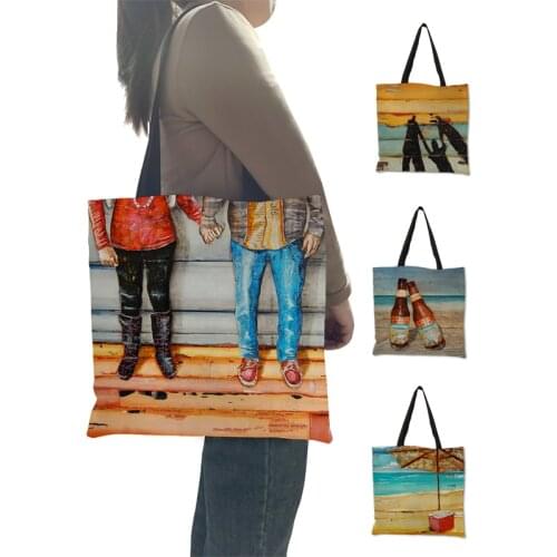 Vintge Beach Print Shopping Bag Graphic Tote Harajuku Shopper Bag Women Shoulder Bag Female Funny Eco Large-capacity