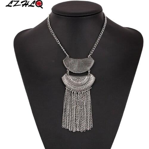 LZHLQ Vintage Geometric Rhinestone Pendant Necklaces Ethnic Pattern Metal Necklace Plated Tassel Maxi Collier Jewelry Accessory