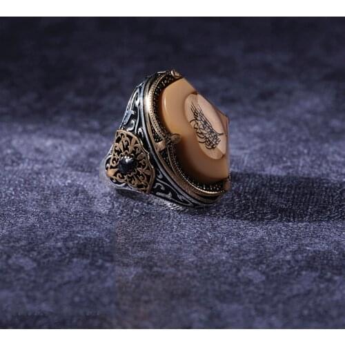 Amber 925 Sterling Silver Engraved Special Craftmanship Traditional Handmade Turkish Signet Ring Jewelry Gift for Women Men
