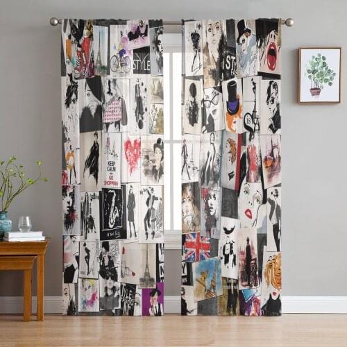 Woman Hat Heart Red Black Flag Tulle Sheer Window Curtains for Living Room Kitchen Children Bedroom Voile Hanging Curtain