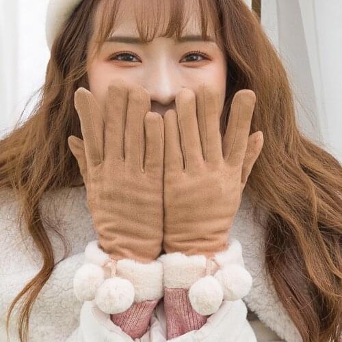 Women Suede Leather Hairball Touch Screen Driving Glove Winter Female Double Thick Plush Wrist Warm Cashmere Cycling Mittens J95