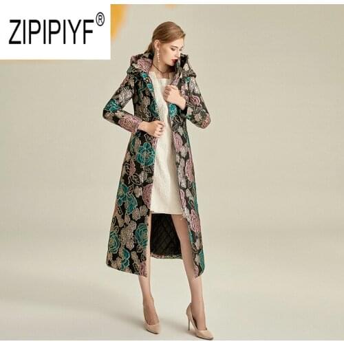 Vintage Style 2019 Winter Fashion Women Coats Hooded Neck Long Sleeve A-Line Long Embroidery Coats Street Style Coats Z2952