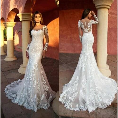 Custom Made Lace Mermaid Wedding Dresses Long Sleeve White Wedding Gown Sexy Vintage 2021 Bride Dress Robe De Mariage