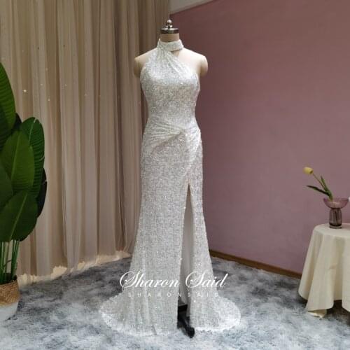 Sexy High Neck Mermaid White Evening Dress 2021 Sparkly Sequin Side Slit Long Prom Formal Dresses for Women Wedding Party Gowns