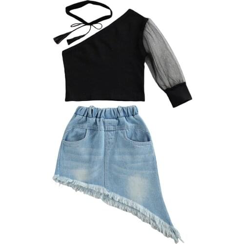 2021 0-6Y Fashion Kids Girl Clothing One Shoulder Mesh One Sleeve Black Crop Top+Denim Irregular Skirt Summer Outfits Set 2pcs