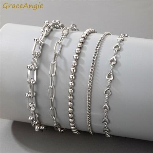 5pcs/lot Mix Chain Bracelet Geometric Simple Silver Couple Bracelet Set for Women Charm Easy Hook Bangle Punk Hiphop Jewelry Top