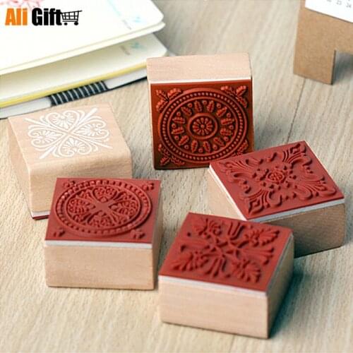 AliGift Hot Selling Newest 2021 Classic Wood Retro-vintage Square Lace Seal 4*4CM for Creative Stationery Background Stamp