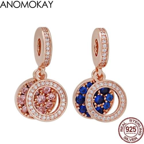 Anomokay Classic Rose Gold Color Round Pendant Charm fit Bracelet Necklace Full of Crystal Two Piece 925 Silver Beads