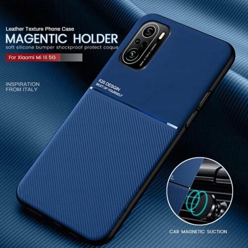 Car Magnetic Holder Leather Texture Phone Cover for Xiaomi Mi11i Mi 11i 11 i 5G 2021 6.67'' Soft Silicon Bumper Shockproof Coque
