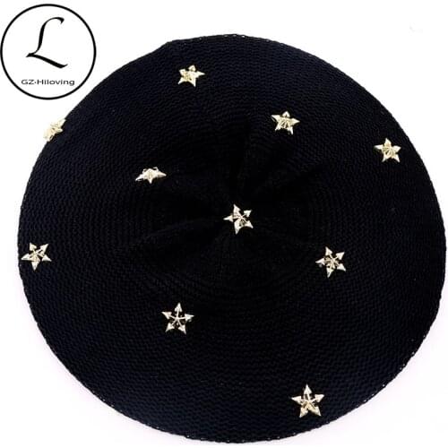 Women Star Cotton Beret Caps Beanies Soft Thin Oversize Knitted Slouch hats 2020 new Ladies Female Bonnet Women caps Spring