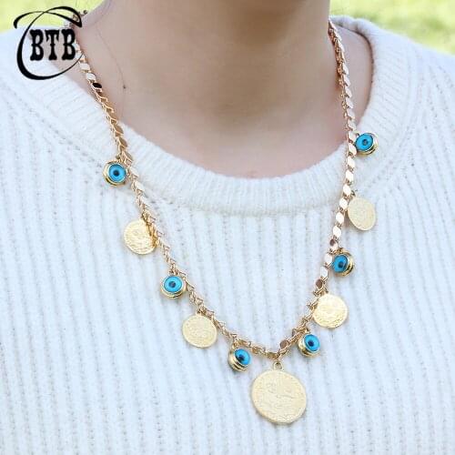 Islamic Muslim Fashion Luxury Lucky Demon Eye Lady Coin Charm Gold Jewelry Pendant Necklace Party Wedding Holiday Gift Wholesale